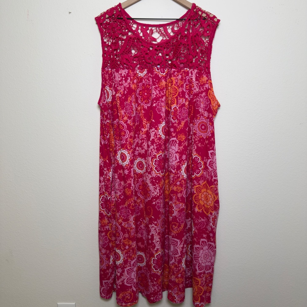 Only Necessities Womens Plus Size 3X Pink‎ Floral Crochet Neck Sleeveless Dress